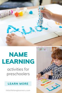 two photos with the words name learning activities for preschoolers and an image of children making letters