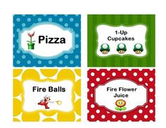 four different labels for pizza and cupcakes with the words fire, flower, juice