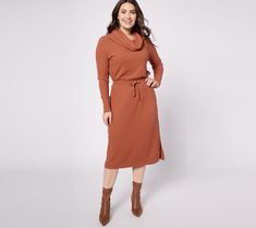 This unicorn of knit dresses (flattering and morning-to-night comfy) finds you at the top of your style game this season. So fresh with midi boots! From AnyBody®. Knee-length Knit Sweater Dress For Loungewear, Knit Sweater Dress For Loungewear, Casual Midi Sweater Dress For Loungewear, Casual Fall Midi Dress For Loungewear, Casual Fall Loungewear Midi Dress, Casual Turtleneck Midi Dress, Winter Knee-length Sweater Dress For Loungewear, Winter Loungewear Sweater Dress Midi Length, Chic Fall Midi Dress For Loungewear