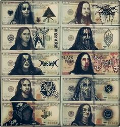 several different images of money with the faces of heavy metal bands on them, all in black and white