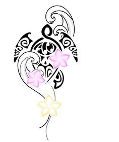 an artistic tattoo design with pink flowers and swirls on the back of its arm