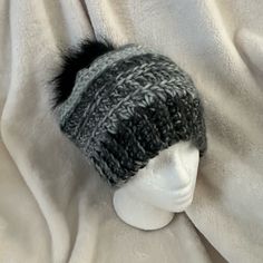 New Faux Fur Pom Hat! Wool Blend - Warm For Winter! 15% Wool, 75% Acrylic, 10% Nylon. Shades Of Black, Grey, White Ombr. Pom Is Removable For Washing. Pom Is A Lil Over 5 In To Tip. Hat Model Is 20-21 Inches. Hat Measures 9 In Tall, And 11 In Across Brim. Mach Wash Lay Flat To Dry Non Smoking Environment, No Pets In Craft Areas. Faux Fur Pom Poms For Hats, Double Pompon Hat, Removable Pom Pom Hat, White Ombre, Craft Area, Handcrafted Accessories, Pom Pom Hat, Fur Pom Pom, Shades Of Black