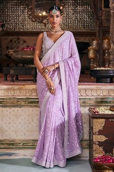 Lilac saree with all over rainbow sequin, silver dori and pearl emnbroidery. Paired with a embellished padded blouse and silk petticoat. - Aza Fashions Lilac Saree, Sequin Saree, Purple Saree, Padded Blouse, Pearl Set, Set Women, Petticoat, Aza Fashion, Lilac