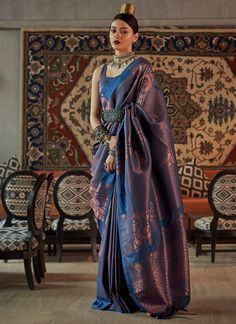 Shop Indian Outfits - HATKAY Royal Blue Saree, Blue Sari, Navy Blue Saree, Blue Silk Saree, Peach Saree, Fancy Saree, Indian Saree Blouse, Weaving Designs, Satin Saree