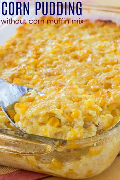 a casserole dish with corn pudding in it and text overlay that reads easy, gluen free holiday favorite