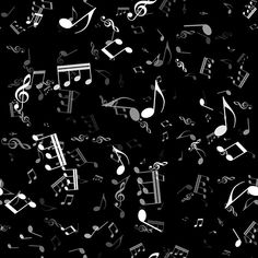 many musical notes are scattered on a black background with white and gray music staffs