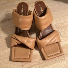 Alohas Size 39 Mules. Camel Leather. Worn Once Brown Casual Sandals With Padded Heel, Casual Brown Sandals With Padded Heel, Casual Beige Heels With Square Toe, Casual Beige Square Toe Heels, Brown Block Heel Shoes For Day Out, Brown Closed Toe Heels For Day Out, Brown Block Heel Heels For Day Out, Brown Block Heels For Day Out, Spring Camel Leather Sandals