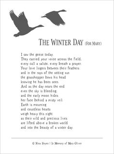 a poem written in black and white with two birds flying above it, the text reads'the winter day for mary '