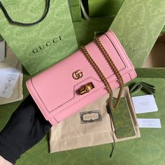 gg Diana Chain Wallet With Bamboo Pink For Women Guccio Gucci, S Monogram, Shoulder Chain, Trendy Tote, Cambridge Satchel Company, Wallet Chain, Gucci Bags, Pink Bag, Chain Strap