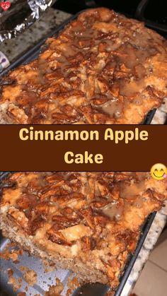 cinnamon apple cake on a baking sheet in the oven with text overlay that reads, cinnamon apple cake