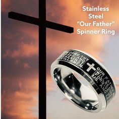 "This handsome stainless steel cross ring is both meaningful and stylish. This ring may also be gifted for a boyfriend, RCIA, Easter, Adult Baptism, birthday, or holiday.  It's a piece of jewelry he will treasure for years to come. The Lord's Prayer that is on the ring is the following: \"Our Father, who art in heaven, hallowed be thy name; thy kingdom come, thy will be done on earth as it is in heaven. Give us this day our daily bread, and forgive us our trespasses as we forgive those who tresp Cross-shaped Stainless Steel Ring For Gift, Cross Shaped Stainless Steel Rings For Gifts, Stainless Steel Cross Rings For Gifts, Stainless Steel Cross-shaped Rings For Gifts, Easter Adult, Ring For Men Silver, Confirmation Gifts For Boys, Christian Ring, Men Silver Ring