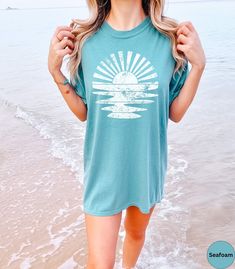 Retro Sunshine Shirt,summer Time Shirt,ocean Inspired Style for Women,beachy Shirts,summer Beach Tshirt for Her,sunset Tshirt,sun Rays Tee - Etsy Beachy Short Sleeve T-shirt For Beach, Blue Beachy T-shirt For Beach Season, Retro Short Sleeve T-shirt For The Beach, Retro Relaxed Fit T-shirt For Beach, Cheap Vintage T-shirt For Beach Season, Beach T Shirts, Comfort Wear, Ocean Inspiration, Summer Beach