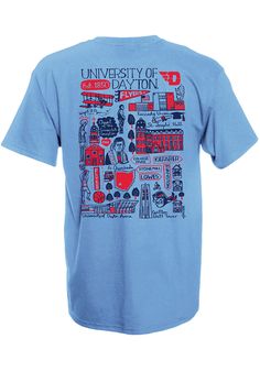 Let everyone know who you root for in this Dayton Flyers Blue Julia Gash Short Sleeve T-Shirt! This Dayton Short Sleeve Tee features a screen print team logo on left chest with screen print Julia Gash team illustration on center back. Short sleeve, Crew neck, Relaxed fit, Unisex, Screen printed graphic, 100% Cotton Blue Graphic Print Shirt For Fan Gear, Blue Shirt With Graphic Print For Fan Gear, Blue Shirt With Graphic Print For Fans, Blue Screen Print Shirt For College, Blue College Shirt With Screen Print, Blue Sublimation Print T-shirt For College, Collegiate Blue Graphic Print T-shirt, Team Illustration, Dayton Flyers