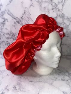 Handmade Bonnet Red XOXO Satin on the outside and Pink satin on the inside.    Satin is highly touted for its hair protecting powers! To maintain optimum hair health, it is recommended that you protect your hair with a surface that will not dry your hair out, nor will it cause breakage due to friction and rubbing. Satin is the recommended surface that your hair can come in contact with that will protect your hair instead of damage your hair.   Cap Sizes are: 0-12 months 12-24 months  2-6 years old  Teen Adult Small  Adult Medium  Adult Large Adult Extra Large  Elastic size range from 11 inches in Diameter  to 28 inches in Diameter Hand Wash | Machine Wash Cold. Air Dry  Do Not Bleach. No Returns Satin Bonnet Sleep, Satin Bonnet, Hair Bonnet, Girly Accessories, Valentines For Kids, Cold Air, Red Satin, All Hair Types, Hair Health