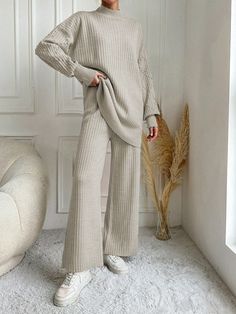 2pcs/Set Women's Casual Solid Color Stand Collar Sweater And Pants Set, Autumn & Winter Apricot Casual    Plain Pants Slight Stretch  Women Clothing, size features are:Bust: ,Length: ,Sleeve Length: Cardigan Bebe, Plain Pants, Solid Color Sweater, Pullover Outfit, Lace Decor, Drop Shoulder Sweaters, Flare Leg Pants, Pantalon Large, Collar Sweater