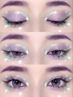 Makeup Looks On Small Eyes, Fairy Eye Makeup Looks, Casual Colorful Eye Makeup, Studio Ghibli Inspired Makeup, Pastel Punk Makeup, Creative Eye Makeup Hooded Eyes, Narrow Eyes Makeup, Espeon Makeup, New Years Eve Makeup Ideas Glitter