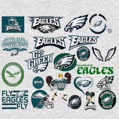 the eagles and eagles logos are shown in green, white, and blue colors on paper