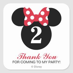 a minnie mouse birthday party square sticker with the number two in red and white polka dots