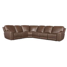 a brown leather sectional couch with reclinings on the bottom and one arm extended