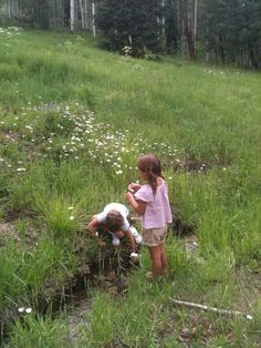 two children are playing in the grass near some flowers and trees, while one child is holding an object up to his ear