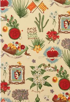 an image of a wallpaper with flowers and pictures on the back of it, all in different colors