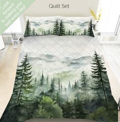 this is an image of a bed set with pine trees on the mountains and clouds