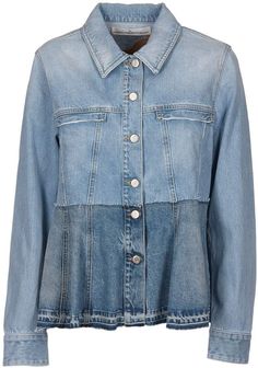 a blue jean jacket with buttons on the front and back, in light wash denim