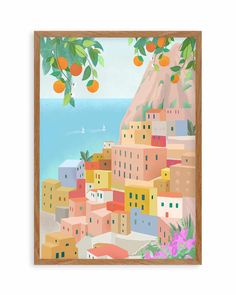 an orange tree hangs over a colorful city with the ocean and mountains in the background