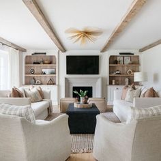 a living room filled with furniture and a flat screen tv mounted on the wall over a fireplace