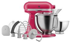 a pink mixer and other kitchen appliances