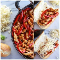 three pictures show the process of making hot dogs with onions and peppers on buns