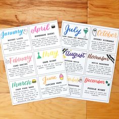 four months of the year printable calendars on a wooden table with wood grain background