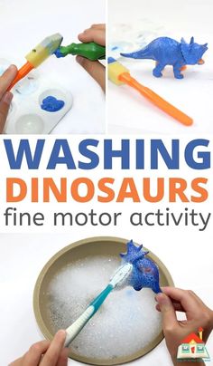 this is an easy and fun activity for kids to do with their dinosaur toys, including toothbrushes