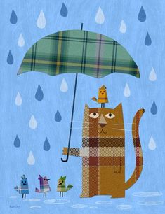 a cat holding an umbrella in the rain