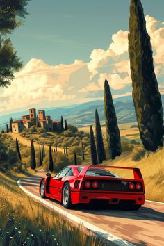 a painting of a red sports car driving down a road in front of some trees