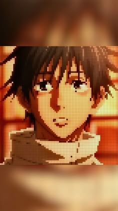 an animated image of a man with black hair and brown eyes looking at the camera