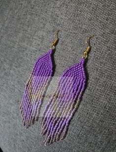 Colors: Shades of Purple and Gold Handmade Purple Long Drop Beaded Earrings, Handmade Long Drop Purple Beaded Earrings, Purple Dangle Earrings With Tiny Beads, Purple Earrings With Tiny Beads For Gift, Blue Tiger Eye Bracelet, Ombre Earrings, Bead Fringe, Colors Shades, Abstract Earrings