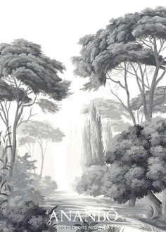 an image of a painting of trees and water in black and white colors with the words anano on it