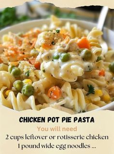 a bowl of chicken pot pie pasta with peas and carrots