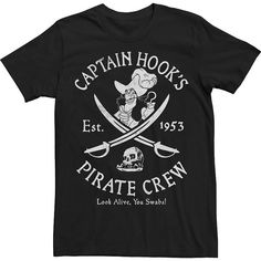 the captain hook's pirate crew t - shirt is black and has two crossed swords on