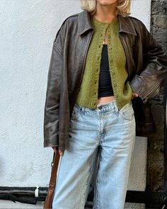 Women’s Utility Jacket Outfit, Women Fall Jackets, Brown Leather Biker Jacket Outfit, Denim On Denim Fall Outfits, Brown Jacket Winter Outfit, Jean Vest Styling, Dark Wash Blue Jeans Outfit, Northeast Fall Outfits, Cute Layered Outfits Winter