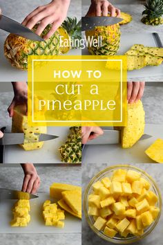 pineapples cut up and put on cutting boards with the words, how to cut a pineapple