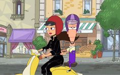 two cartoon characters riding on the back of a scooter