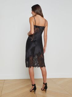 Our sexiest slip dress combines our signature silk with lingerie-inspired lace. • 100% silk charmeuse with floral lace insets• Deep V-neckline• Adjustable straps• Scalloped eyelash hem• No closures | L'AGENCE Diya Silk Lace Dress In Black Debut Candles, Silk Lace Dress, Knit Denim, Silk Lace, Lace Inset, Silk Charmeuse, Fall Shopping, Skirted Swimwear, Winter Collection