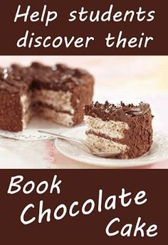 a chocolate cake with the words book chocolate cake on it and an image of a slice missing