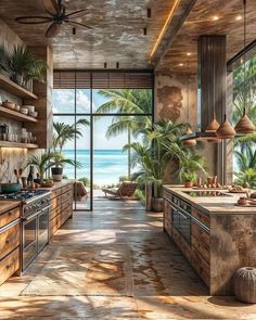 an artist's rendering of a tropical kitchen with palm trees and the ocean in the background