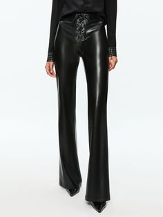 Ravyn Vegan Leather Lace Up Bootcut Pant In Black Leather Bootcut Pants, Leather Pant, Bootcut Pants, Fit Details, Leather Lace, Alice Olivia, Leather And Lace, Step Up, Black Pants