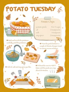 a poster with some food on it and the words potato tuesday written in different languages