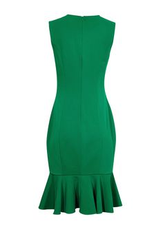 Be the ultimate it girl at any social season event with this chic and classic green midi dress from Badgley Mischka. Its sleeveless mermaid-style silhouette is perfect for a date night or a girls' night out! This dress features a flirty low-cut neckline with a ruched detail. With its modern minimalist design, this dress will be sure to make a statement and earn you an RSVP for any event! Size 6 Shell 98% Polyester, 2% Spandex Lining 100% Polyester Fully lined 'U' shaped neckline Sleeveless Merma Green Sleeveless Midi Dress With Fitted Bodice, Green Fitted Sleeveless Midi Dress, Green Mermaid Hem Dress, Green Midi Dress With Fitted Bodice, Green Midi Length Sleeveless Party Dress, Elegant Dress With Ruffle And Mermaid Hem, Green Sleeveless Midi Dress For Evening, Evening Green Fit And Flare Midi Dress, Green Midi Sleeveless Dress