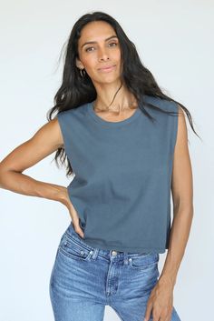 everyone needs this tank. made from our signature vintage soft cotton. mindfully made in california. Casual Everyday Muscle Tank Tee, Comfortable Everyday Sleeveless Tank Top, Everyday Soft-washed Washed Blue Tops, Comfortable Everyday Sleeveless Tops, Comfortable Sleeveless Everyday Tops, Relaxed Everyday Tank Tops, Comfortable Sleeveless Tops For Everyday, Blue Washed Cotton Tank Top, Everyday Washed Blue Cotton Tops